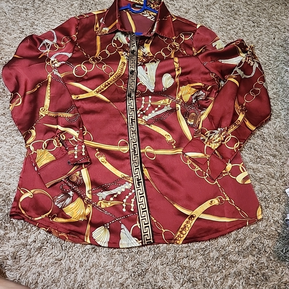 BOOHOO Chain Print Red Long Sleeves Shirt - Picture 4 of 8